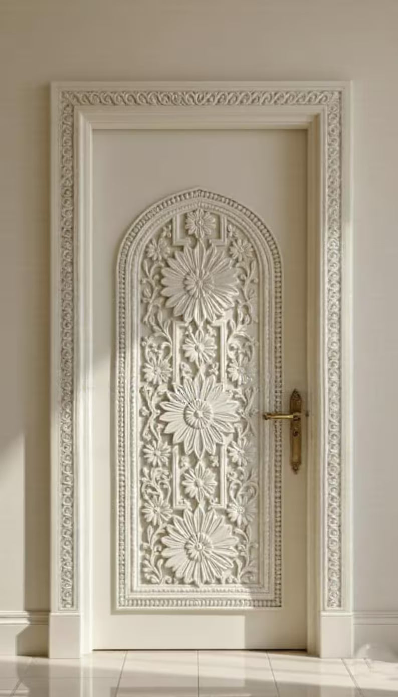 Natural Wood Hand-Carved Partition Door – Decorative Floral Medallions – view 2