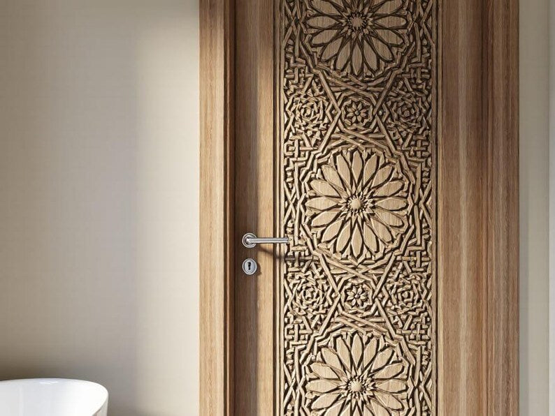 Solid Teak Hand-Carved Main Entrance Door – Floral Medallion & Vines – view 3