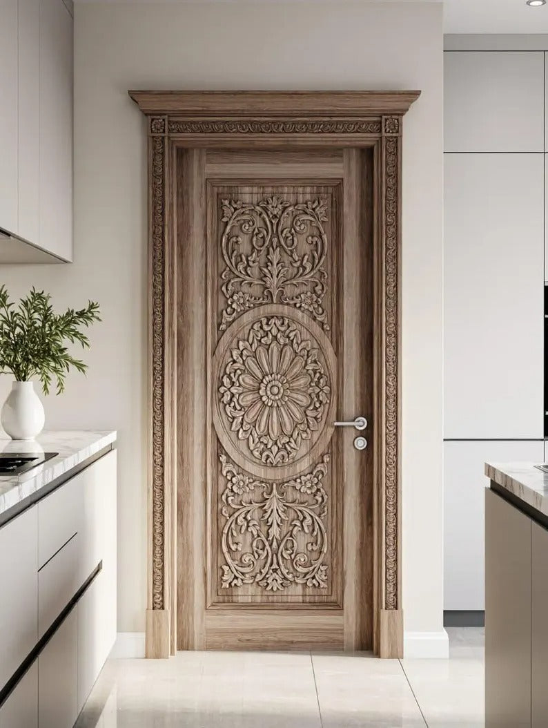Solid Teak Hand-Carved Entrance Door – Central Floral Motif & Vines