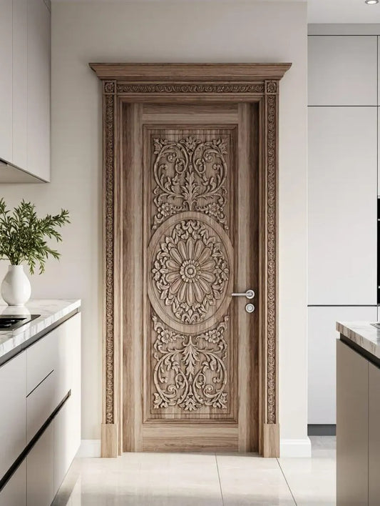 Solid Teak Hand-Carved Entrance Door – Central Floral Motif & Vines