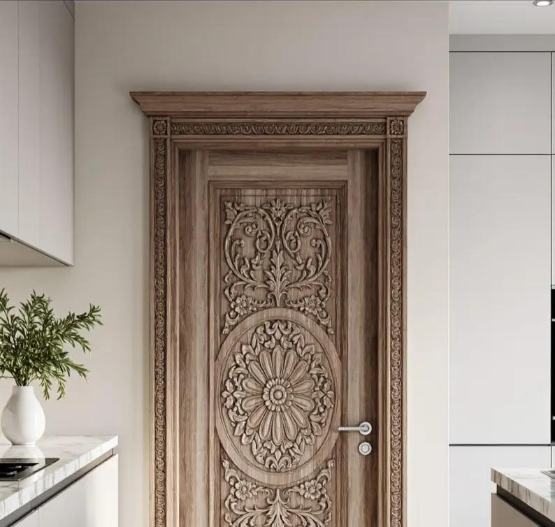 Solid Teak Hand-Carved Entrance Door – Central Floral Motif & Vines – view 2