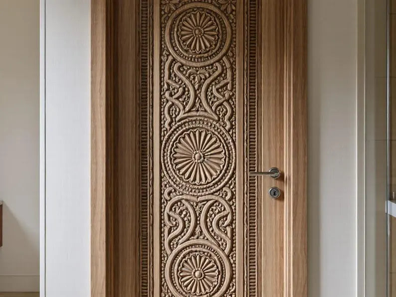 Traditional Hand-Carved Wooden Double Door – Floral Medallion Design – view 2