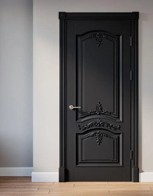 Black Hand-Carved Bedroom Door – Classic Panel Detailing, Solid Wood