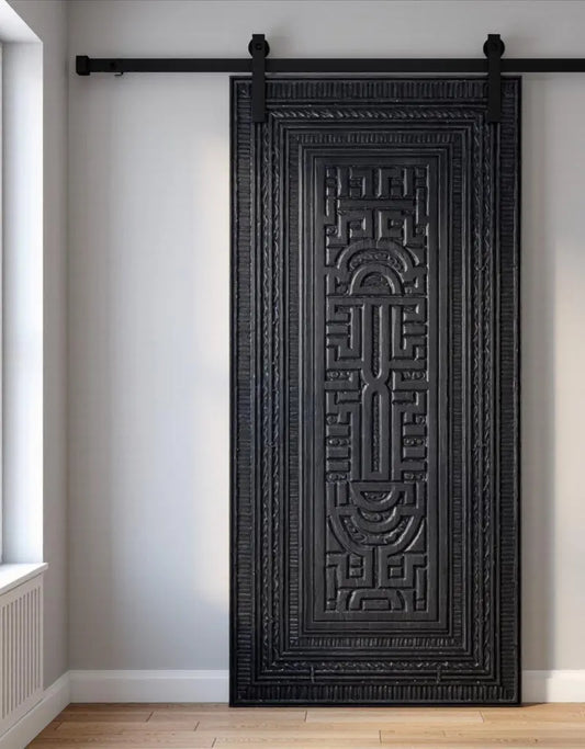 Black Hand-Carved Sliding Barn Door – Modern Geometric Tribal Pattern