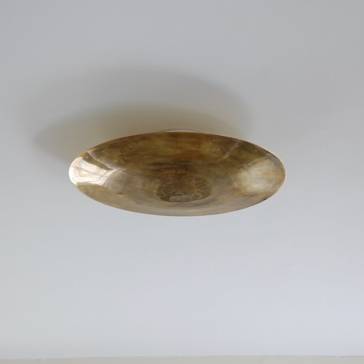 Concave dish ceiling light with Mid Century Modern Raw Brass Sputnik design