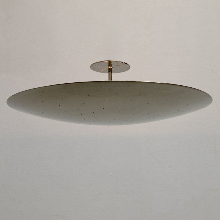 Concave dish ceiling light with Mid Century Modern Raw Brass Sputnik design