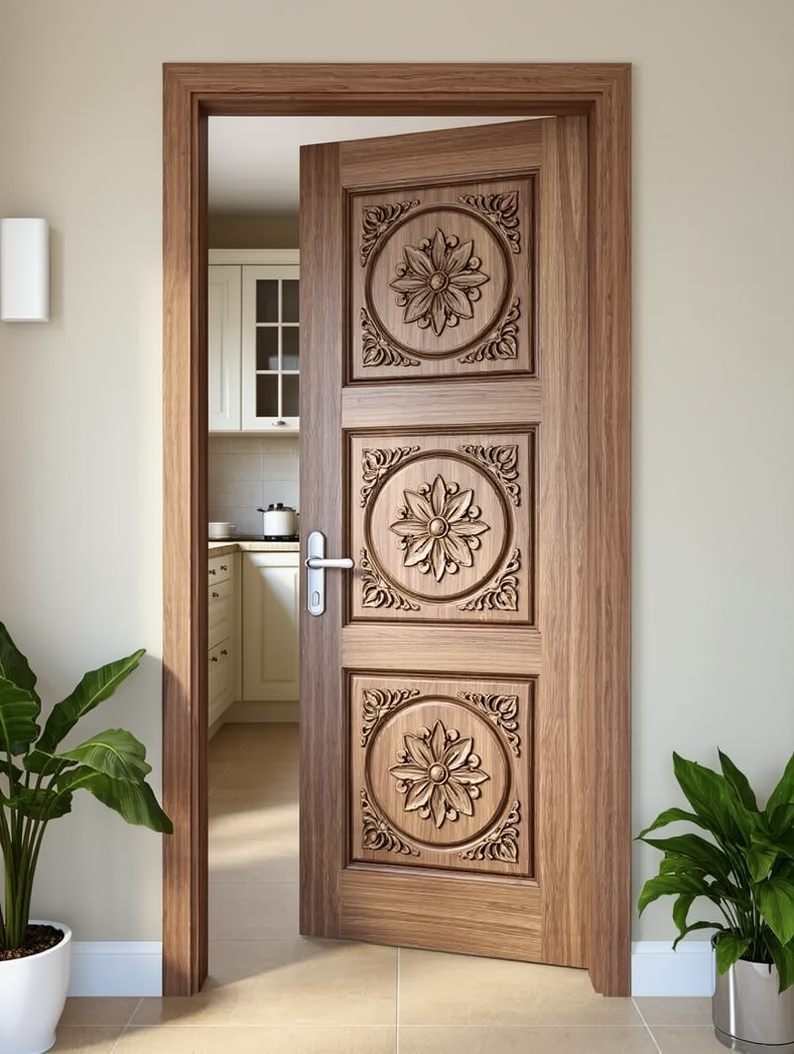 Natural Finish Hand-Carved Solid Wood Door – Floral Medallion & Vines