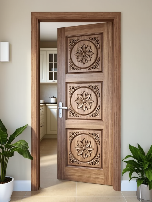 Natural Finish Hand-Carved Solid Wood Door – Floral Medallion & Vines