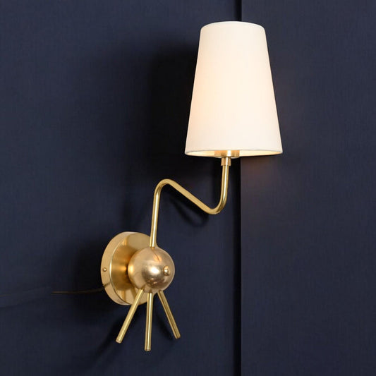Handmade Brass Sputnik Wall Lamp: Linen shade, warm glow, elegant timeless style