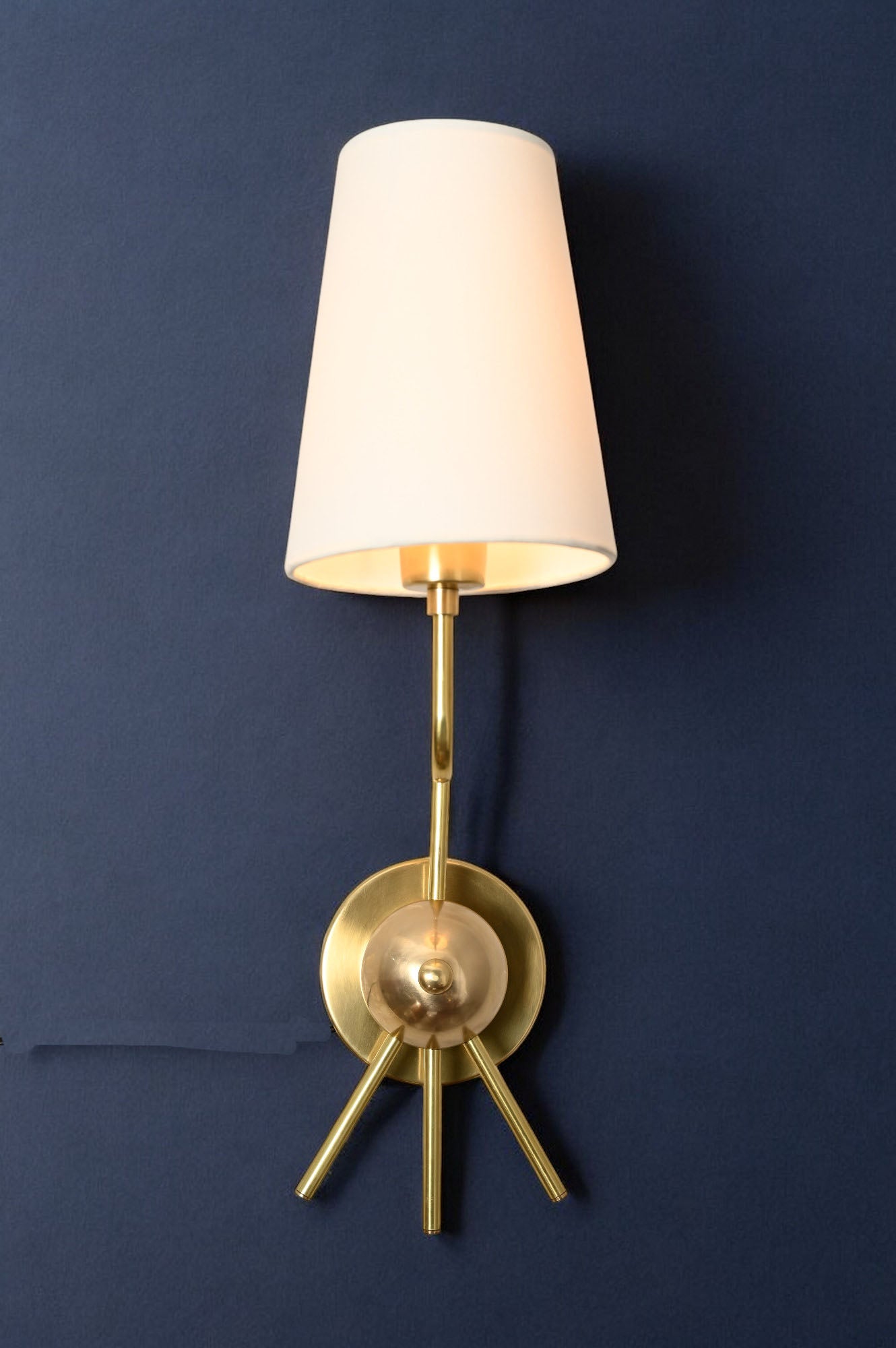 Handmade Brass Sputnik Wall Lamp: Linen shade, warm glow, elegant timeless style