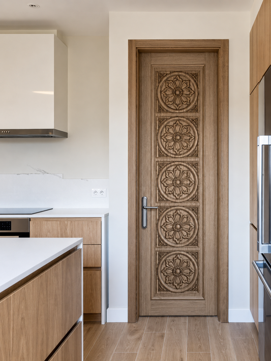 Luxury Solid Teak Hand-Carved Entrance Door – Five Floral Medallions