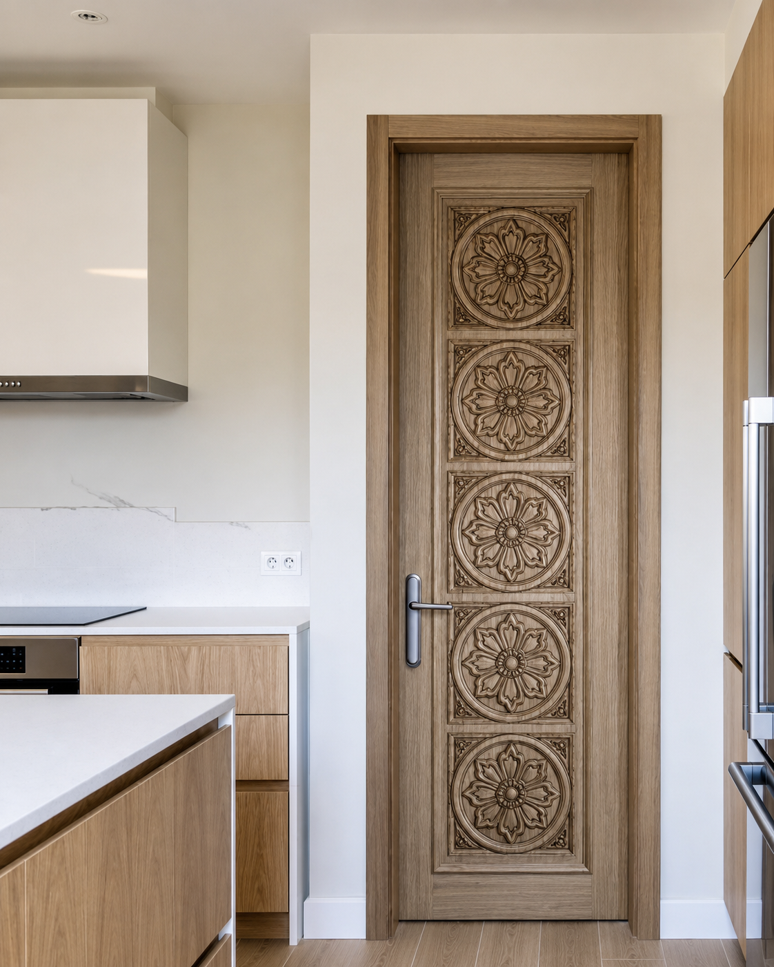 Luxury Solid Teak Hand-Carved Entrance Door – Five Floral Medallions – view 2