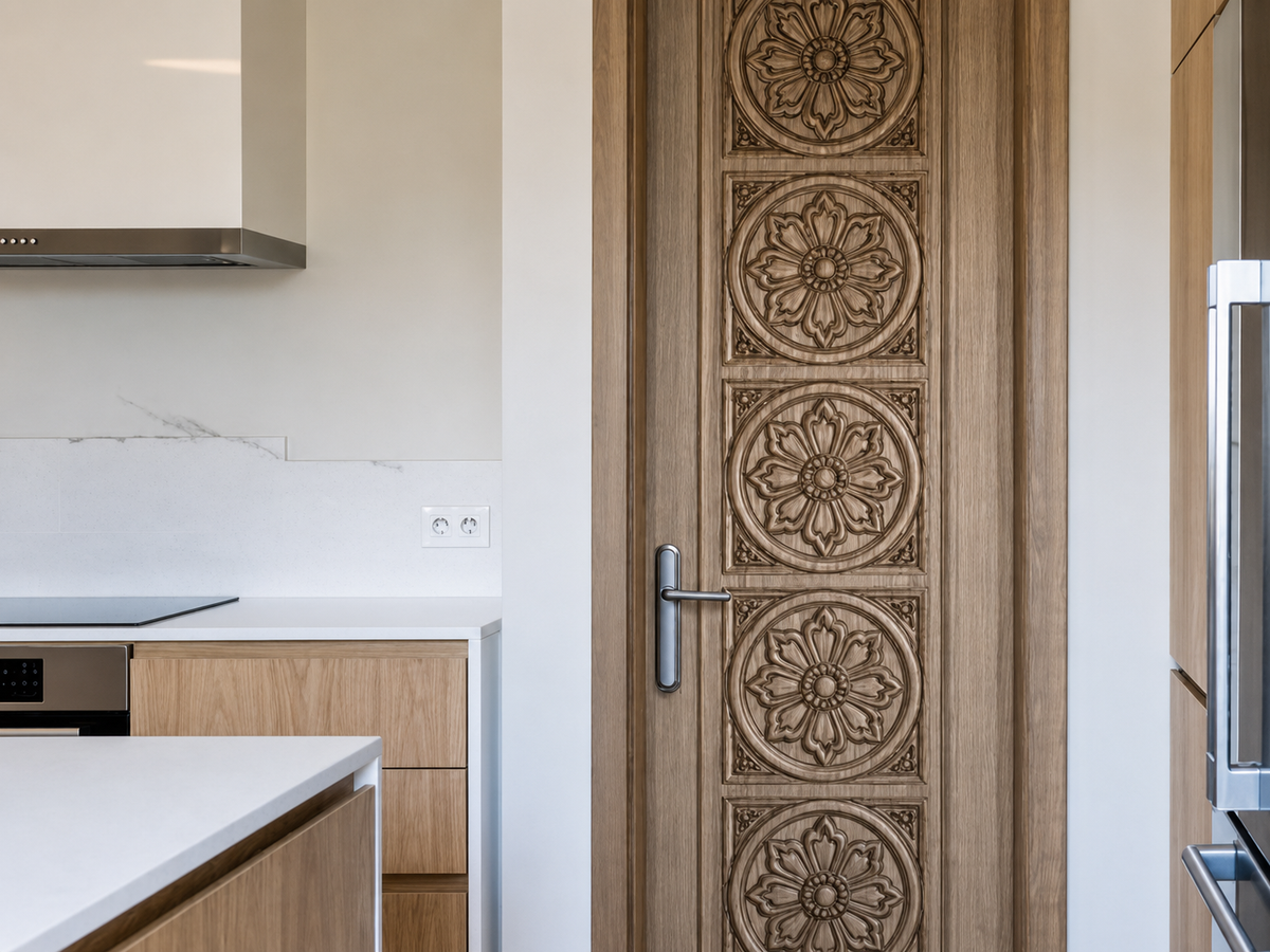 Luxury Solid Teak Hand-Carved Entrance Door – Five Floral Medallions – view 3