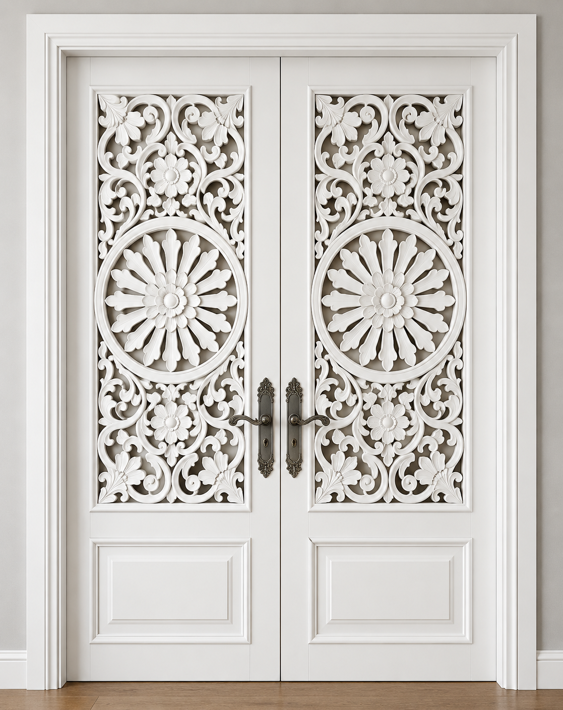 White Hand-Carved Double French Entry Doors – Floral Medallion Carvings