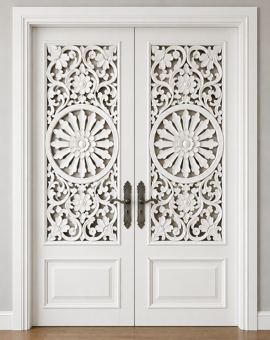 White Hand-Carved Double French Entry Doors – Floral Medallion Carvings