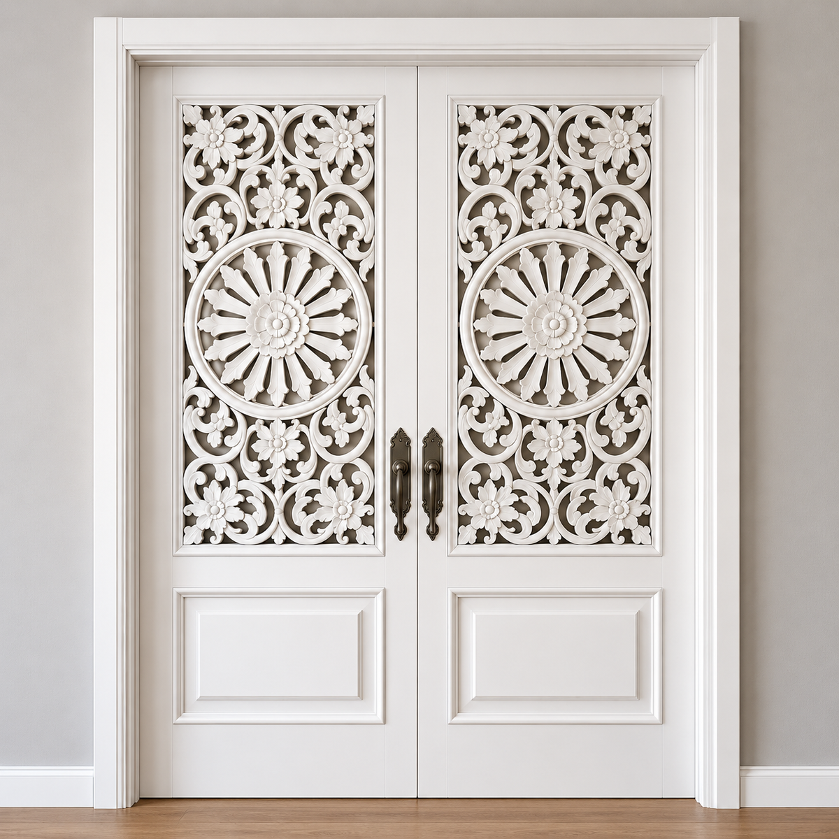 White Hand-Carved Double French Entry Doors – Floral Medallion Carvings – view 2